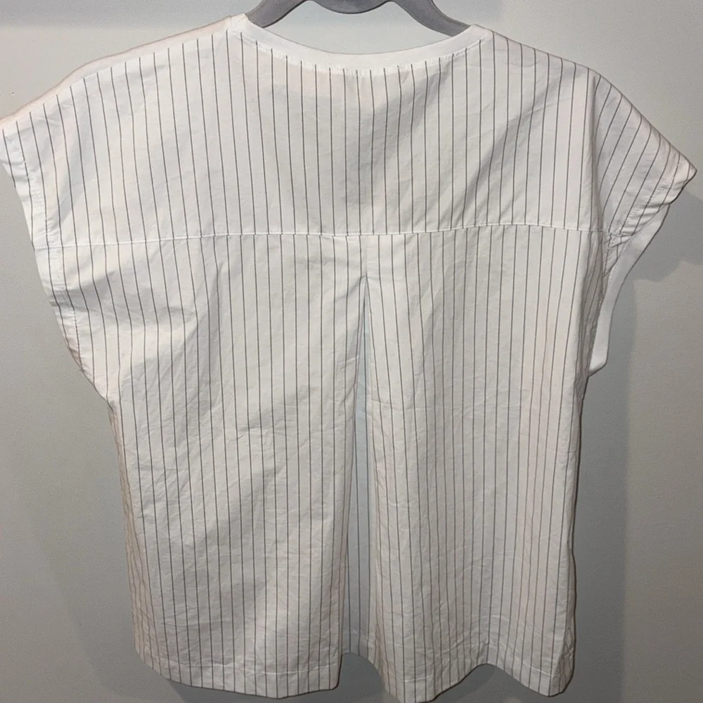 Zara NEW Cotton Poplin Stripe Side Button Vneck Tee Size Small Black/White - Picture 7 of 12
